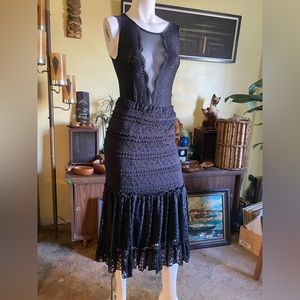 Ladies ruffle black lace midi smocked skirt goth elegant mini dress freebird